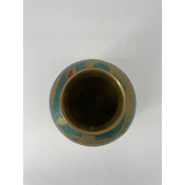 1990s Vintage Turquoise Enamel and Brass Vase For Sale - Image 5 of 7