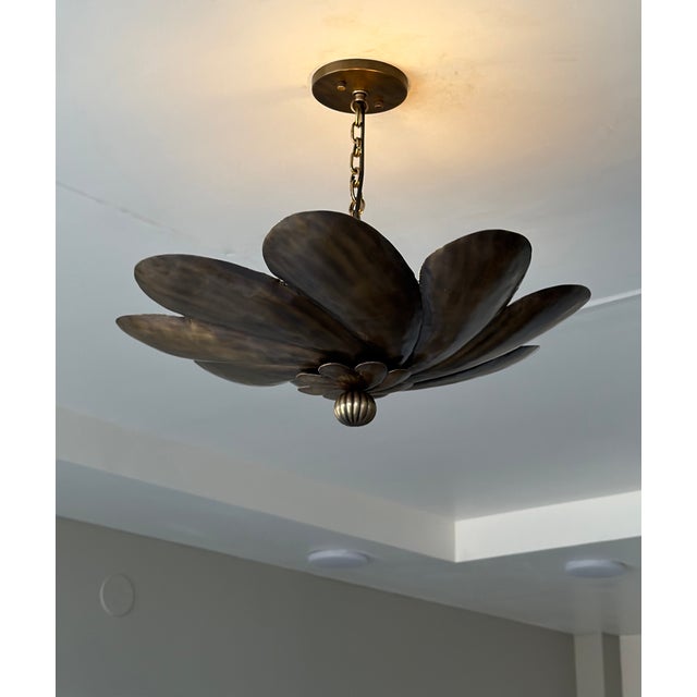 Antique Brass Floral Pendant Light Fixture, Handmade Flower Ceiling Light For Sale - Image 9 of 12