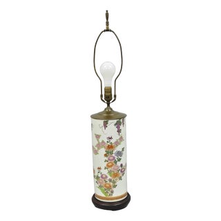 Vintage Chinoiserie Oriental Chinese Porcelain Floral Paint Cylinder Table Lamp For Sale