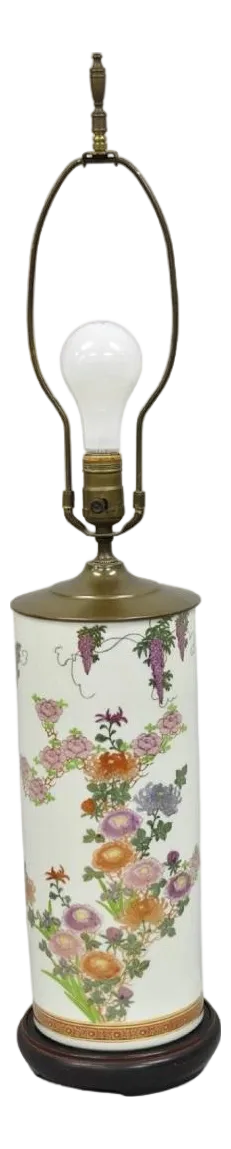 Vintage Chinoiserie Oriental Chinese Porcelain Floral Paint Cylinder Table Lamp