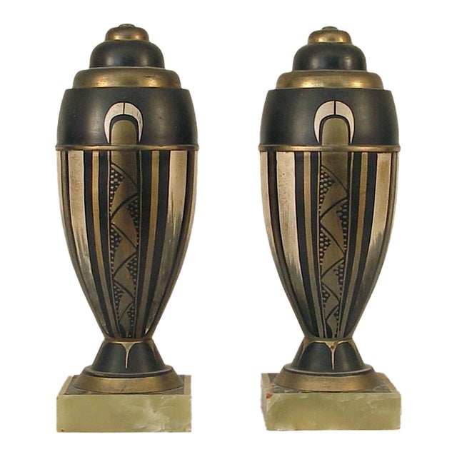 Pair of 1920s French Art Deco Garnitures, Marble & Onyx Bases For Sale