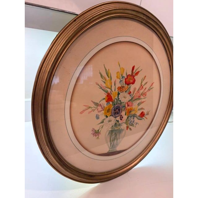 Vintage Mid Century Round Floral Still Life Art Print & Gilded Wood Frame For Sale - Image 4 of 8