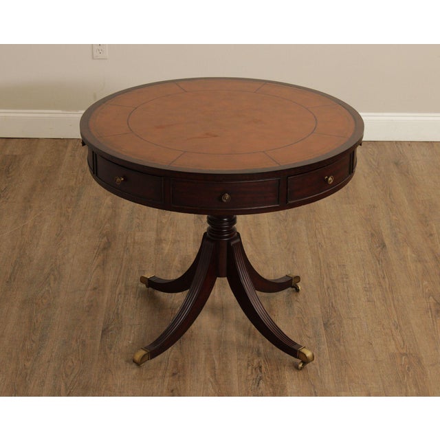 High Quality Ethan Allen Regency Style Drum Table Featuring A Round Tooled Leather Inset Top Above A Frieze With Multiple...