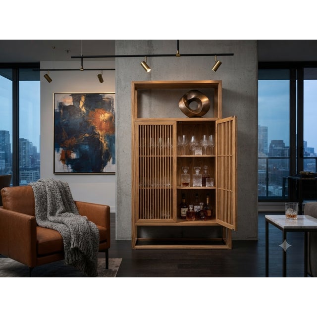 1990s Light Brown Slatted Doors Display Storage Minimalist Zen Cabinet For Sale - Image 5 of 14