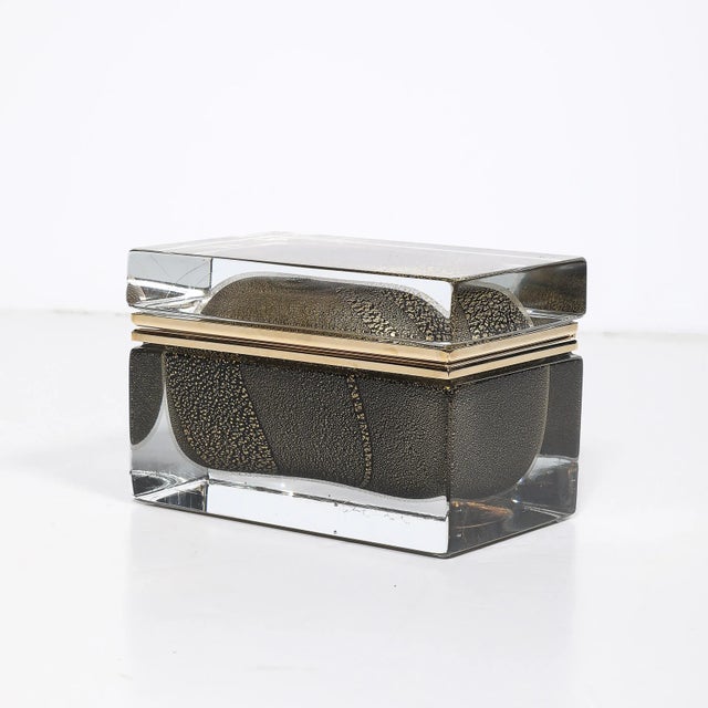 Modern Modernist Hand-Blown Murano Glass Box in Black W/ 24Karat Gold Flecks & Brass For Sale - Image 3 of 18