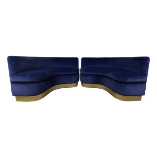 Curved Sofas in Blue Velvet with Brass Base, 1990s, Set of 2 For Sale