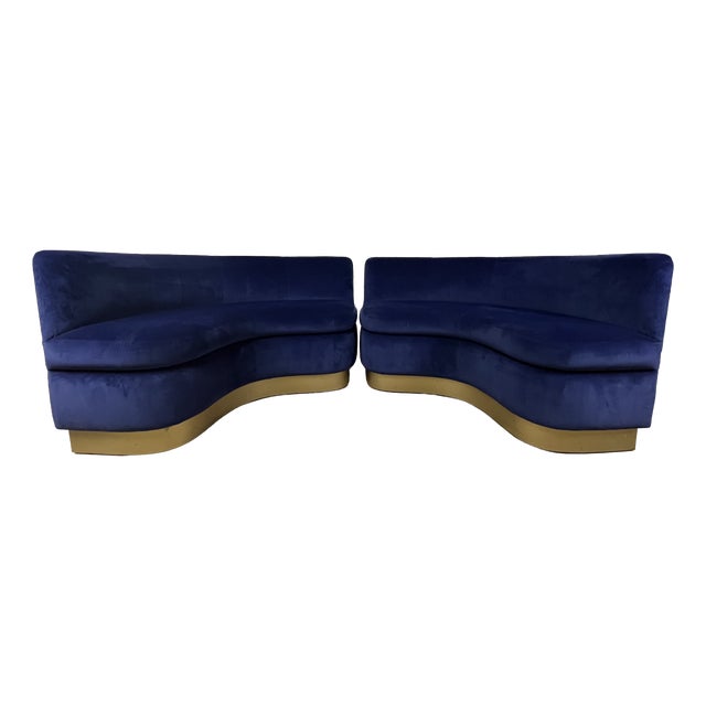 Curved Sofas in Blue Velvet with Brass Base, 1990s, Set of 2 For Sale