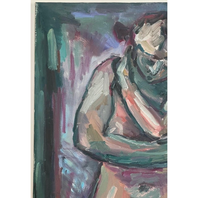 Framed in natural wood, this painting features energetic strokes of color in black, brown, celadon, jade, eggplant,...