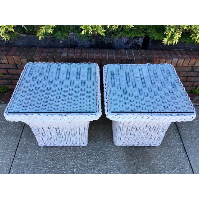 Bielecky Brothers Bielecky Brothers White Square Rattan Side Tables - a Pair For Sale - Image 4 of 10