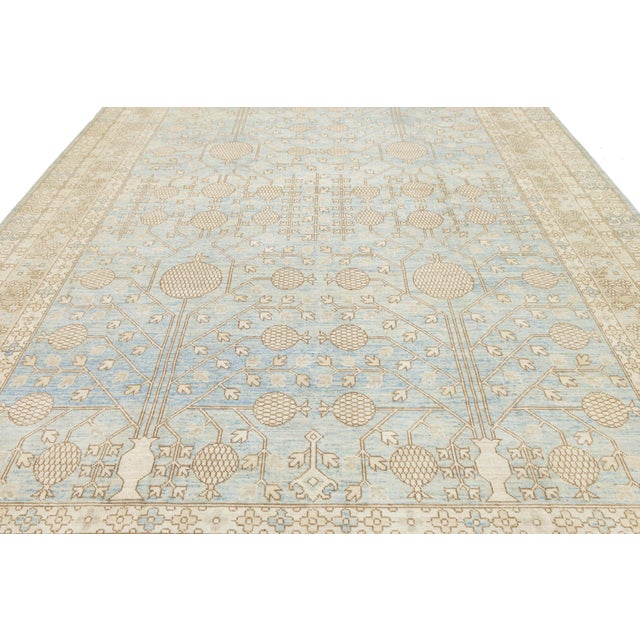 Modern Khotan Style Pomegranate Tree Rug – Sky Blue & Ivory Hand-Knotted Wool For Sale In New York - Image 6 of 11