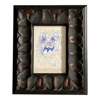 1980’s Original Vintage Wayne Cunningham Small Abstract Blue Ink Drawing Chunky Frame For Sale