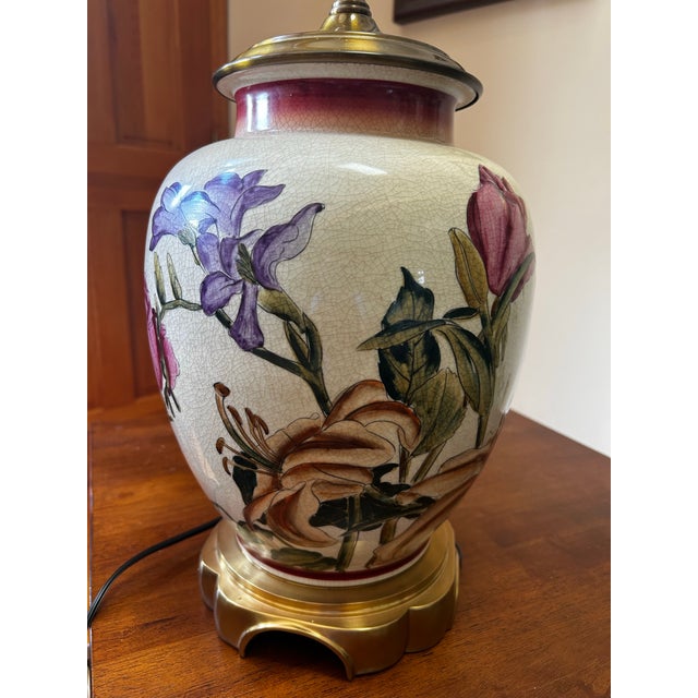 Circa 1980’s Floral hand painted crackled ceramic lamp with brass by Wildwood Lampholder Rocky Mount N.C. Large impressive...