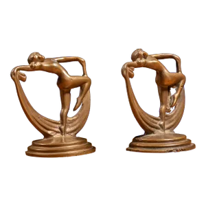 1920s Cast Brass Art Deco Scarf Dancer Bookends- Set of 2
