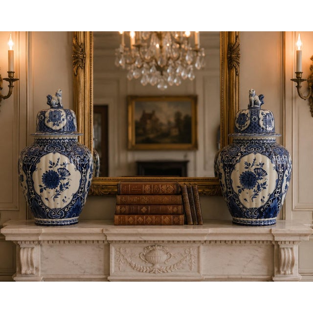 A lovely pair of vintage Dutch Delft faience lidded ginger jars by well known Dutch maker, Petrus Regout in Maastricht,...