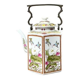 Vintage Chinoiserie Glazed Ceramic Botanical Tea Pot For Sale
