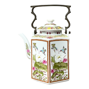 Vintage Chinoiserie Glazed Ceramic Botanical Tea Pot