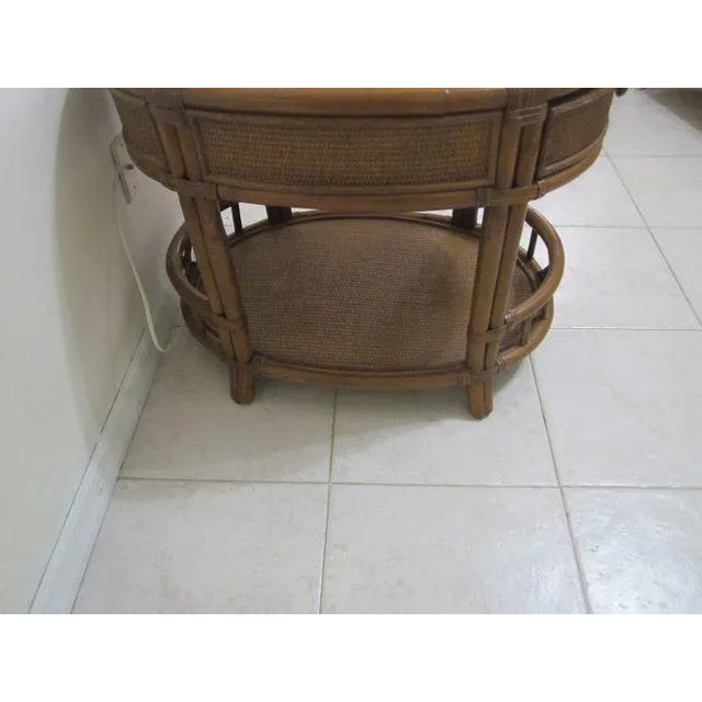 1980s Rattan Bamboo Oval End Table Glass Top Two Tier One Drawer For Sale - Image 10 of 12
