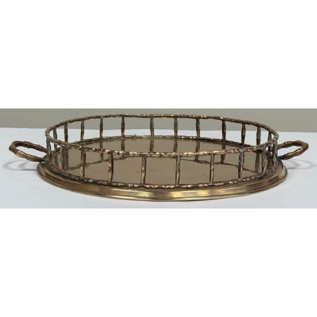 Mid-Century Modern Vintage Round Brass Faux Bamboo Gallery Tray For Sale - Image 3 of 7