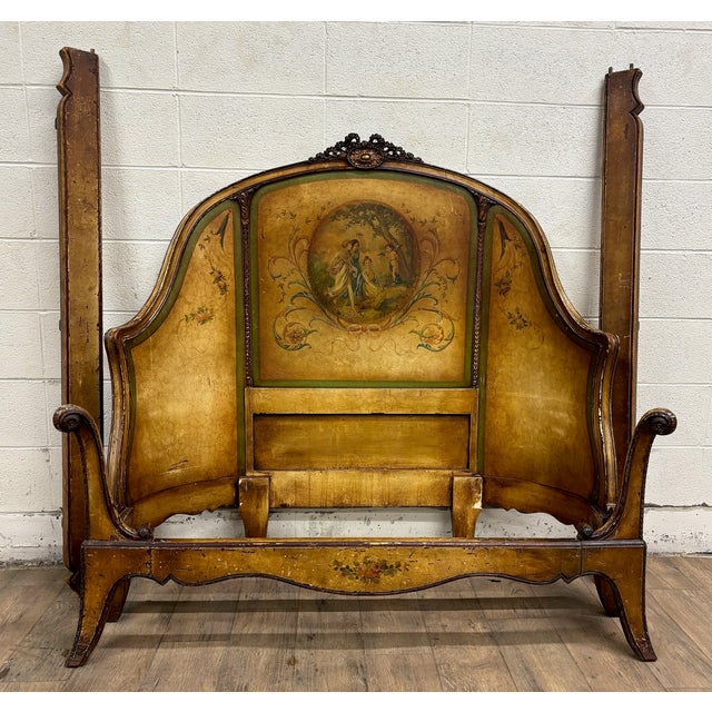 This is a beautiful antique French Louis XV Vernis Martin style three quarter bed frame featuring exquisite craftsmanship...