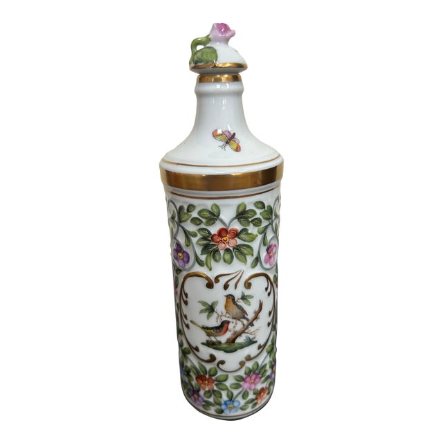 Herend Hand-Painted Floral Porcelain Perfume Bottle With Rose Dauber For Sale