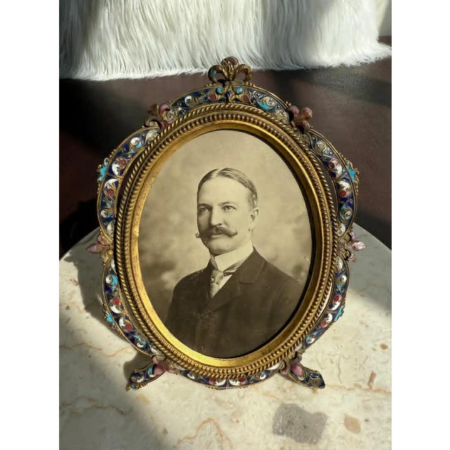 Antique Colorful Enamel Bronze Photo Frame With Black and White Picture of a Gentleman From 19th Century For Sale - Image 9 of 10