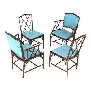 1970s Vintage Faux Bamboo Mahogany Dining Side Chairs- Set of 4 For Sale