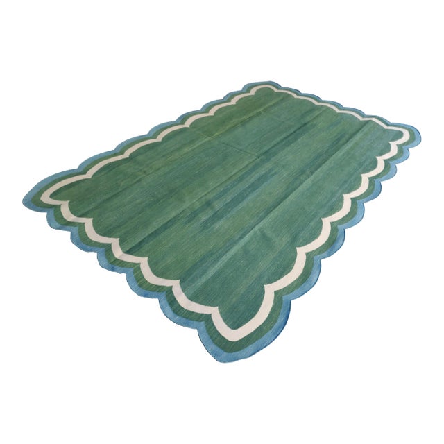 Handmade Cotton Scalloped Rug, Forest Green with Cream and Blue Full Border- 6'x9' For Sale