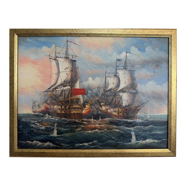 Vintage Oil Painting Naval Battle Ships Seascape Maritime Art Framed Framed For Sale