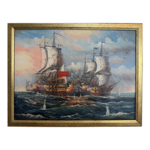 Vintage Oil Painting Naval Battle Ships Seascape Maritime Art Framed Framed