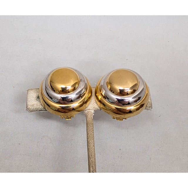 Lanvin Vintage 1980s Signed Lanvin Paris Goldtone & Rhodium Plated Round Domed Clip Earrings-2 Pieces For Sale - Image 4 of 7