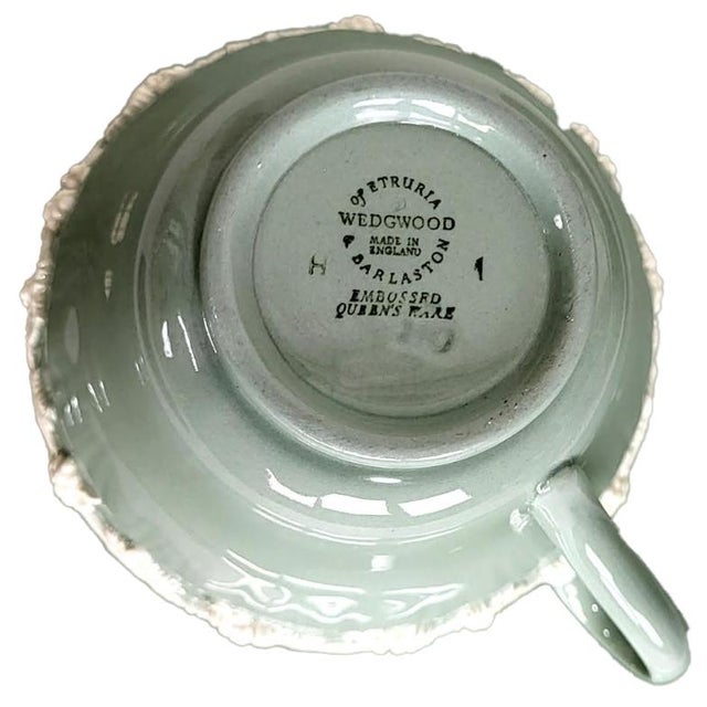 Set of 6 Wedgwood Queensware Embossed Cream color on Celadon (or Green) shell edge cups, Made in England of porcelain or...