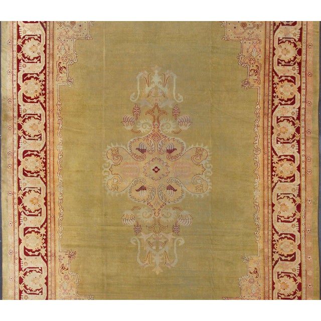 Large Antique Green Background Indian Amritsar Carpet with Red Border. Keivan Woven Arts / rug / 13-0706 / 1920 circa...