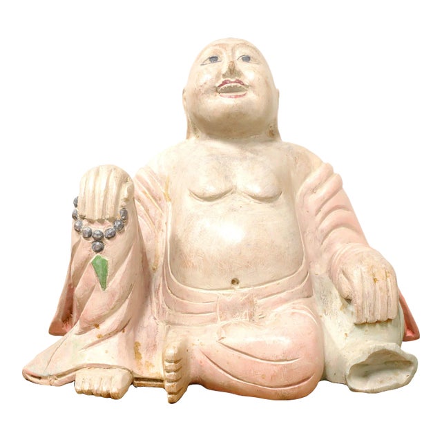 Mid 20th Century Carved Wood Smiling Buddha Figure Sculpture For Sale