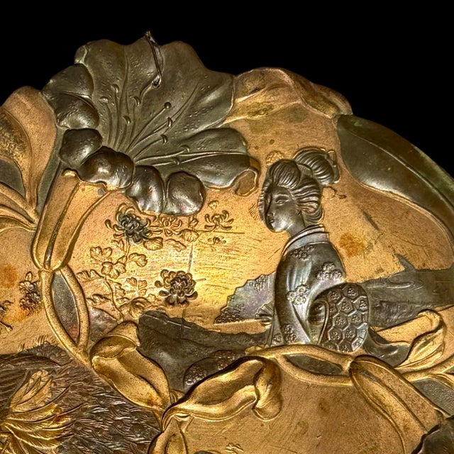 Metal Antique Japanese Meiji Period Mixed-Metal Floral Relief Wall Plaque W/ Geisha & Crane For Sale - Image 7 of 9