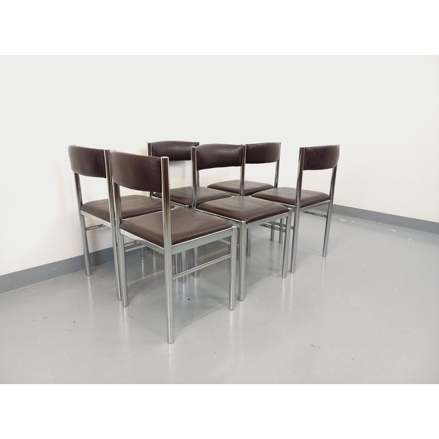 Vintage Chairs in Chromed Metal and Brown Imitation Leather, 1970s, Set of 6 For Sale - Image 4 of 18