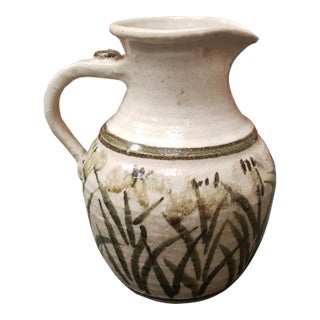 1970's Japanese Art Pottery Floral/Grass Motif Pitcher With Thumblift Handle For Sale