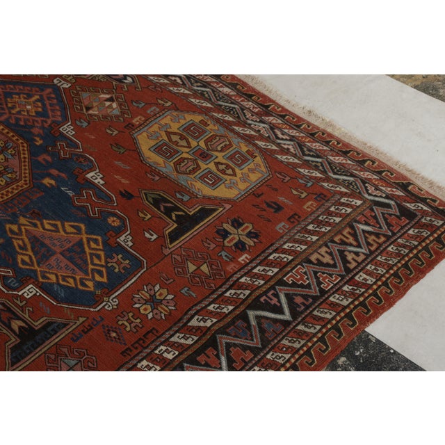 Hand-Knotted Antique Russian Soumak Rug in Red, Blue, Medallion All Over Pattern For Sale - Image 4 of 6