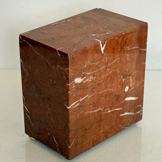 1980s Art Deco Revival cuboid bookend made of Italian Rosso Verona or red marble. No maker’s mark.