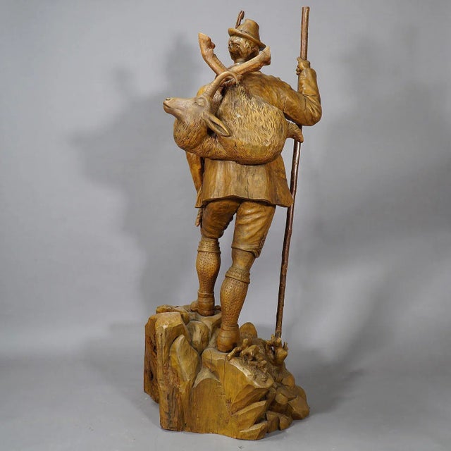 Rustic A Large Black Forest Poacher With Chamois Height 54' Inches For Sale - Image 3 of 13