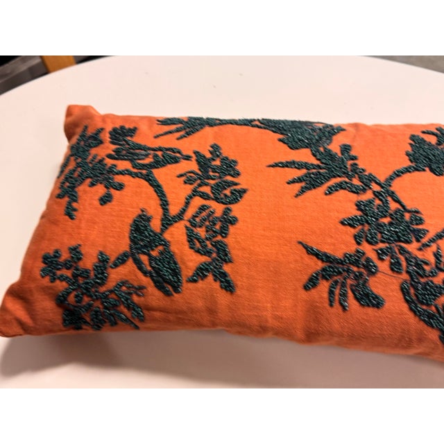 Orange + Dark Green Embroidered Lumbar Pillow For Sale In San Francisco - Image 6 of 12