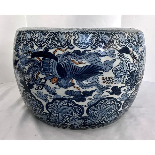 Mid 20th Century Large 20" Vintage Japanese Blue & White Porcelain Phoenix Jardinière - Signed For Sale - Image 5 of 18