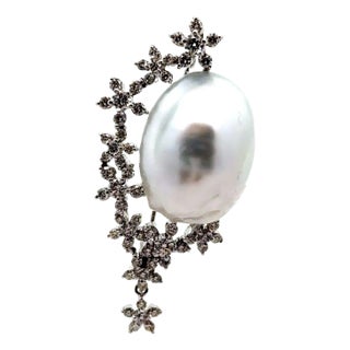 South Sea Baroque Pearl Diamond 18k & 14k White Gold Brooch-Pendant For Sale
