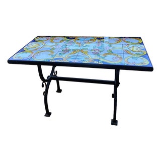Handcrafted Coffee Table with Hand-Painted Majolica Ceramic Top and a Wrought Iron Base, 2000-2010 For Sale