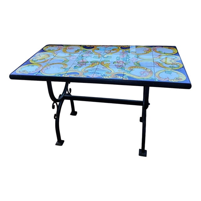 Handcrafted Coffee Table with Hand-Painted Majolica Ceramic Top and a Wrought Iron Base, 2000-2010 For Sale