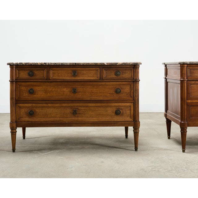 Early 20th Century Pair of Louis XVI Style Marble Top Commodes Chest of Drawers For Sale - Image 5 of 18