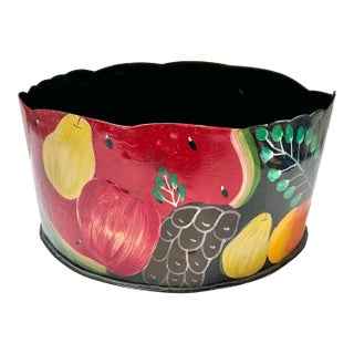 Vintage Hand-Painted Fruit Toleware Cachepot For Sale