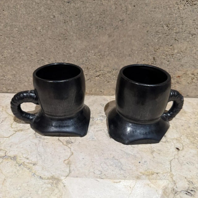 Modern Pottery Coffee Mugs by Unknown Artist, Textured Black, 1983 For Sale - Image 12 of 12
