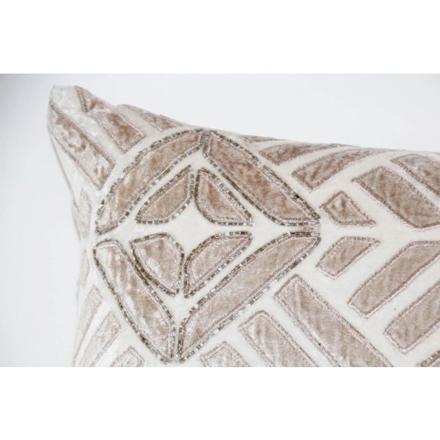 Late 20th Century Vintage Taupe and Ivory Cut Velvet Pillow With Metallic Beads For Sale - Image 5 of 13