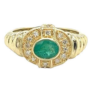 18K Solid Gold Oval Cut Natural Emerald Ring in Textured Ribbed Gold & Diamond H, Size 5.5