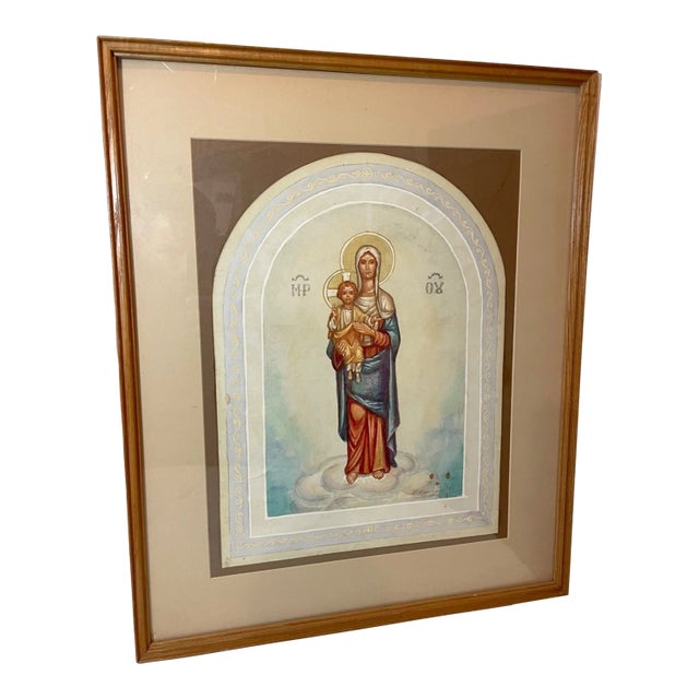 Vintage Russian Preliminary Church Icon Gouache Acrylic Religious Painting Art For Sale